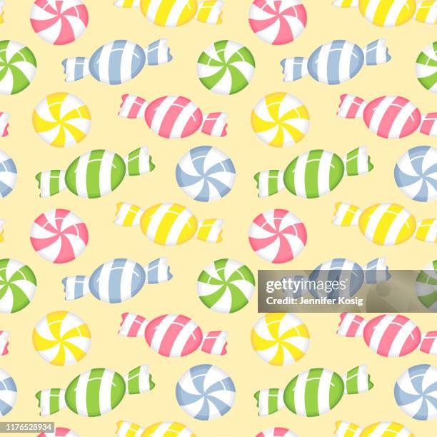 seamless pastel candy illustration pattern, yellow background - candy jar stock illustrations