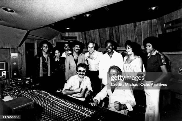 And B group The Sylvers complete their new album 'Disco Fever' at Rusk Studios. At the board are producers Georgio Moroder and Harold Faltermeyer and...