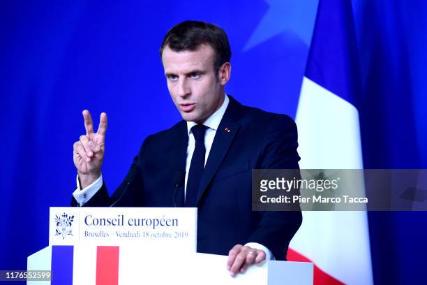 Emmanuel Macron, President of France speaks during the press conference at the European Council Meeting on October 18, 2019 in Brussels, Belgium.The...