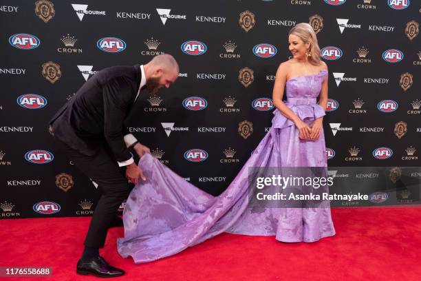 Max Gawn of the Demons and his partner Jessica Todd arrives ahead of the 2019 Brownlow Medal at Crown Palladium on September 23, 2019 in Melbourne,...