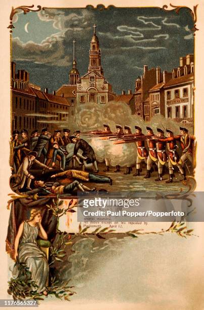 Vintage postcard illustration depicting the Boston Massacre, known in Britain as the Incident on King Street, when five Bostonians were killed by...