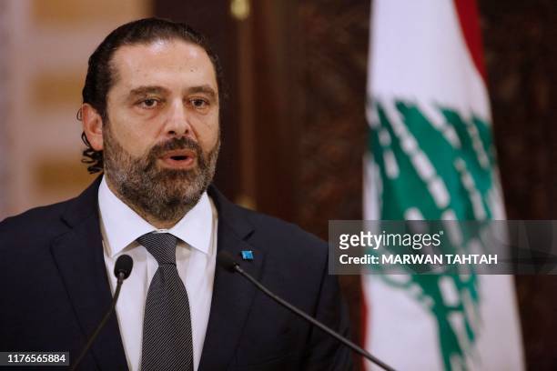 Lebanese Prime Minister Saad Hariri gives an address at the government headquarters in the centre of the capital Beirut on October 18, 2019. Hariri...