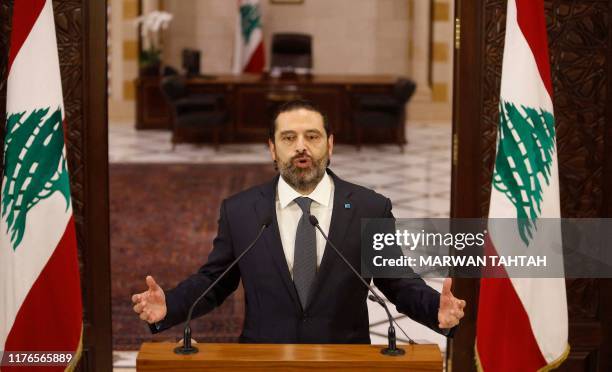 Lebanese Prime Minister Saad Hariri gives an address at the government headquarters in the centre of the capital Beirut on October 18, 2019. Hariri...