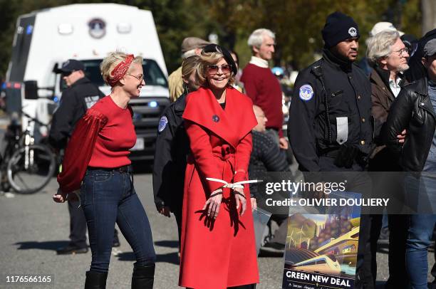 Actress and activist Jane Fonda is arrested outside the US Capitol during a climate change protest, on October 18, 2019 in Washington, DC.