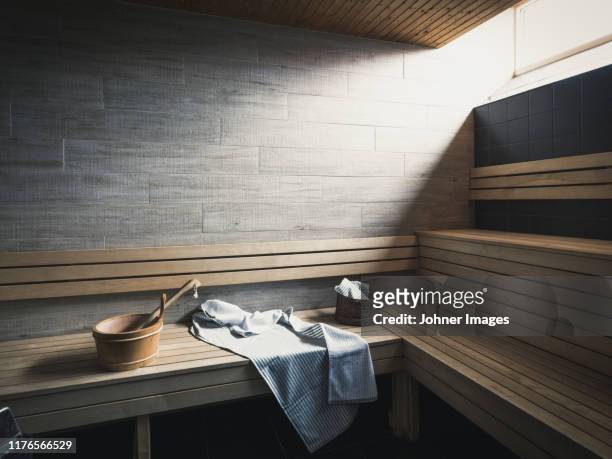 benches in sauna - sauna stock pictures, royalty-free photos & images