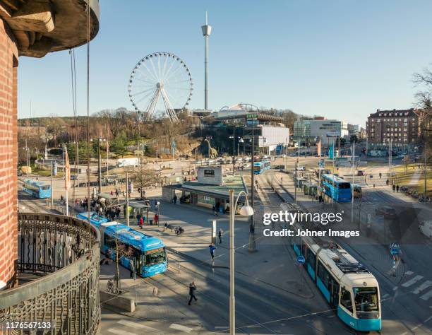 trams in city - göteborg stock pictures, royalty-free photos & images