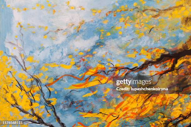 fashionable autumn illustration allegory work of art my oil painting on canvas impressionism original horizontal symbolic landscape leaf fall in autumn park trees with yellow leaves - modern art painting stock illustrations