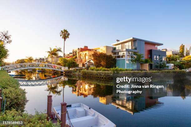 suburban houses and palm trees reflecting in the water in venice canal historic district in los angeles california - venice stock-fotos und bilder