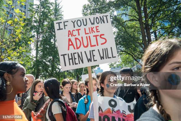 Students in New York demonstrating on the 20th September Climate Strike, part of a worldwide day of climate strikes on 20th September 2019. The event...