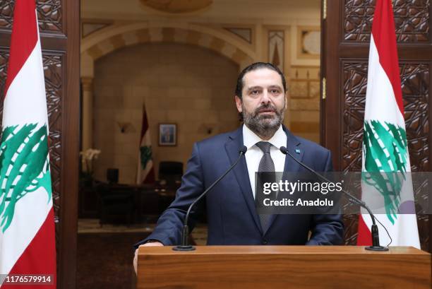 Lebanese Prime Minister Saad Hariri holds a press conference over the ongoing protests against the government in Beirut, Lebanon on October 18, 2019.