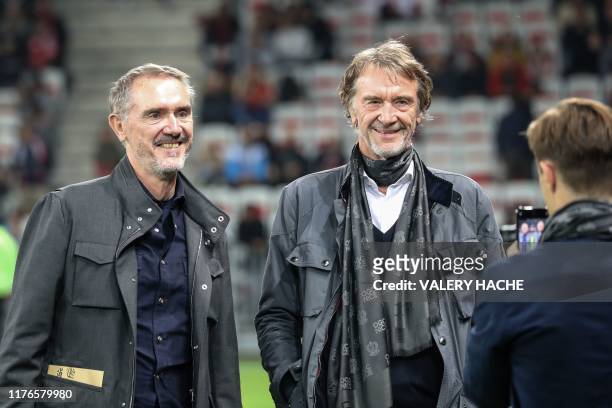 Of INEOS Football Bob Ratcliffe and British INEOS Group chairman Sir Jim Ratcliffe pose prior to the French L1 football match between OGC Nice and...