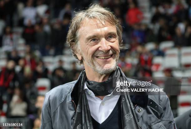 British INEOS Group chairman Sir Jim Ratcliffe looks on prior to the French L1 football match between OGC Nice and Paris Saint-Germain at "Allianz...
