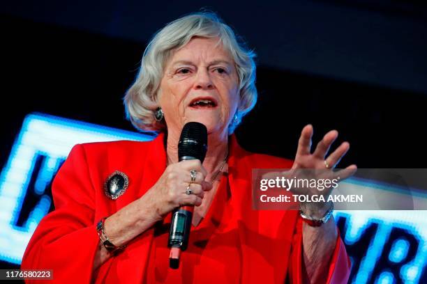 Brexit Party member and south west MEP Ann Widdecombe delivers a speech to supporters in Westminster, central London on October 18 on The Brexit...