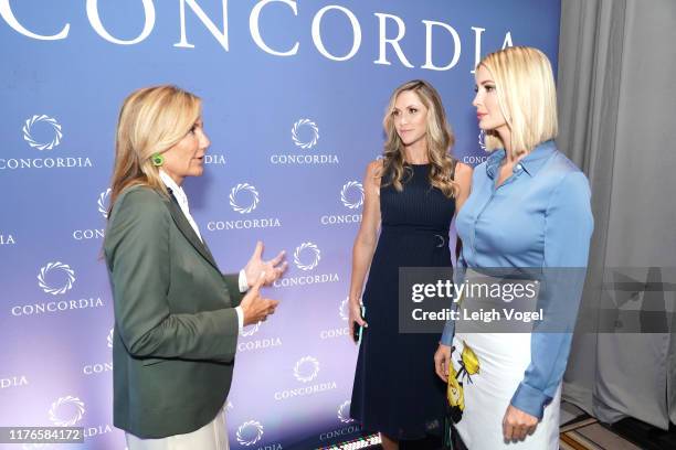 First Lady of Greece, Mareva Grabowski-Mitsotakis, Lara Trump and Advisor to the President Ivanka Trump are seen during the 2019 Concordia Annual...