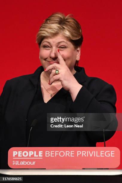 Emily Thornberry addresses delegates on the third day of the Labour Party conference on September 23, 2019 in Brighton, England. Labour Conference...