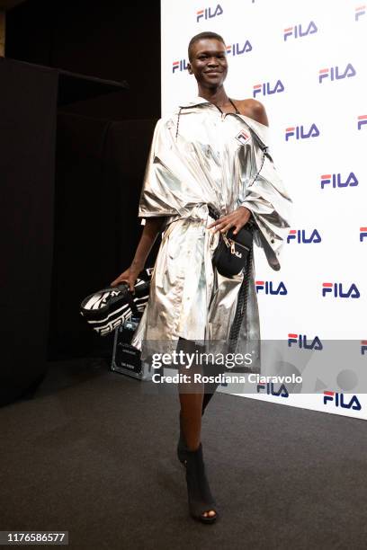 Model is seen backstage for Fila fashion show during the Milan Fashion Week Spring/Summer 2020 on September 22, 2019 in Milan, Italy.