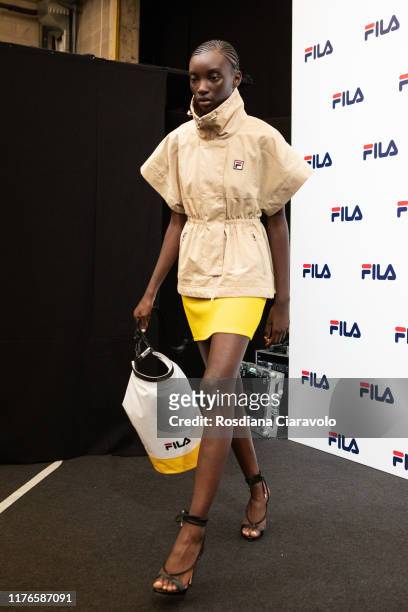 Model is seen backstage for Fila fashion show during the Milan Fashion Week Spring/Summer 2020 on September 22, 2019 in Milan, Italy.