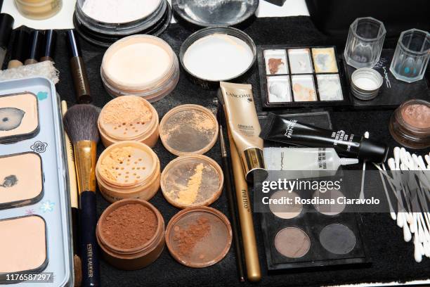 Beauty products are displayed during backstage for Fila fashion show during the Milan Fashion Week Spring/Summer 2020 on September 22, 2019 in Milan,...