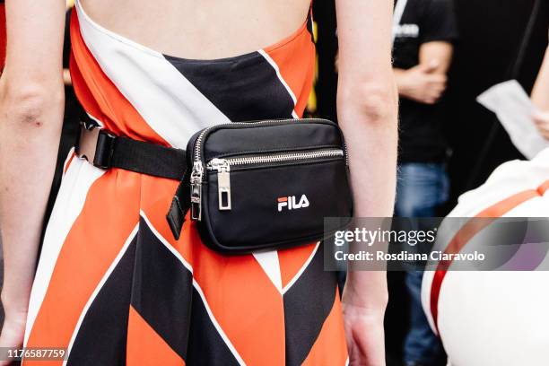 Model, fashion detail, is seen backstage for Fila fashion show during the Milan Fashion Week Spring/Summer 2020 on September 22, 2019 in Milan, Italy.