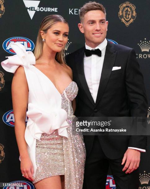 Brad Sheppard of the Eagles and his partner Scherri-Lee Biggs arrives ahead of the 2019 Brownlow Medal at Crown Palladium on September 23, 2019 in...