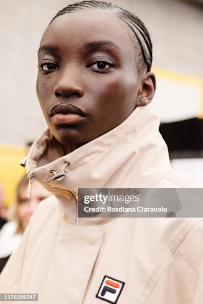 Model is seen backstage for Fila fashion show during the Milan Fashion Week Spring/Summer 2020 on September 22, 2019 in Milan, Italy.