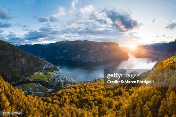 aurlandsfjord at sunset, norway - western fjords norway stock pictures, royalty-free photos & images