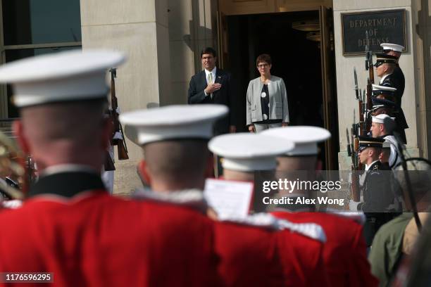 Secretary of Defense Mark Esper welcomes Germany Defense Minister Annegret Kramp-Karrenbauer during an enhanced honor cordon at the Pentagon...