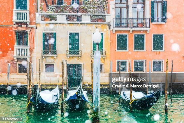 snowfall over gondolas on the grand canal, venice - gondel stock-fotos und bilder