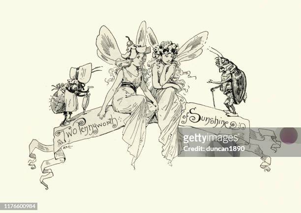 victorian fairies, fairy tale, two pennyworth of sunshine - fairy stock illustrations
