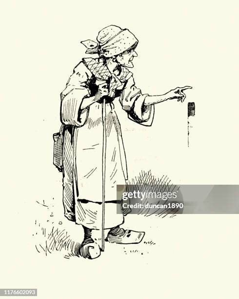 old gypsy woman pointing, victorian, 19th century - headscarf stock illustrations