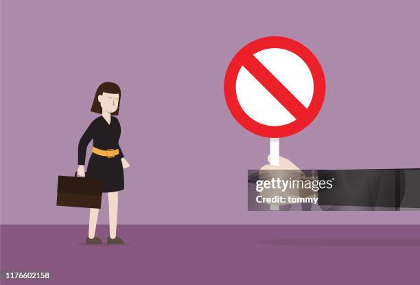manager show prohibition sign to businesswoman - no symbol stock illustrations