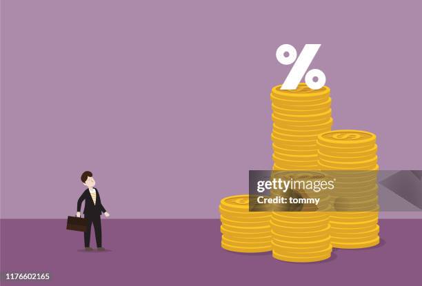 businessman looking percentage sign on top of a stack of coin - illustrator icon stock illustrations