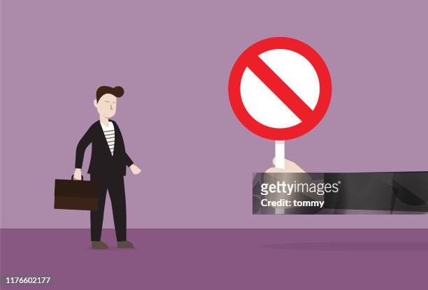 manager show prohibition sign to businessman - exclusion stock illustrations