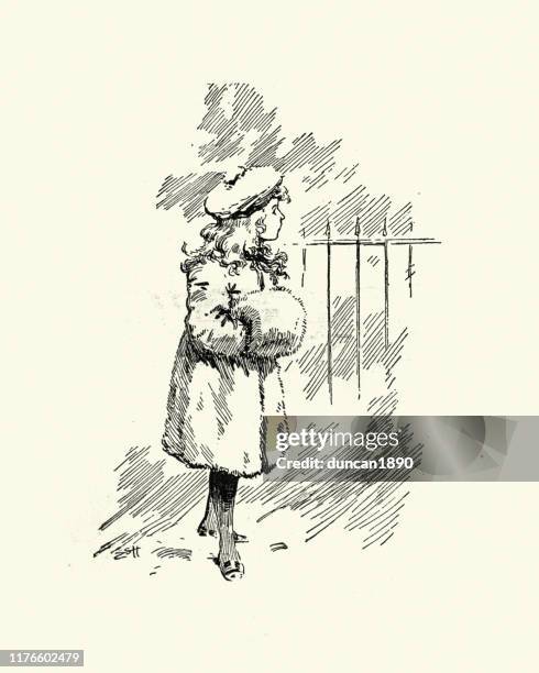 ilustrações, clipart, desenhos animados e ícones de esboço de um revestimento e de um muff desgastando do inverno da menina, victorian - regalo