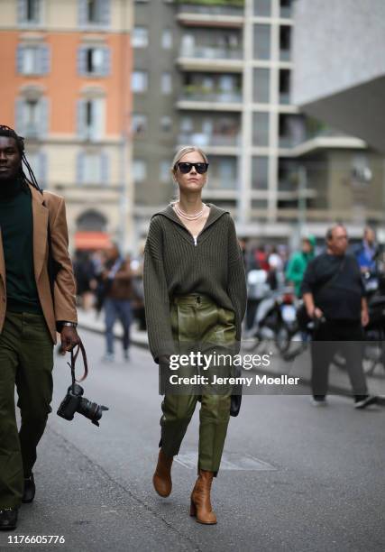 Linda Tol poses outside the Max Mara show during Milan Fashion Week Spring/Summer 2020 on September 19, 2019 in Milan, Italy.