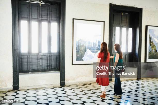 two female friends discussing details of artwork while shopping in art gallery - exhibition fotografías e imágenes de stock