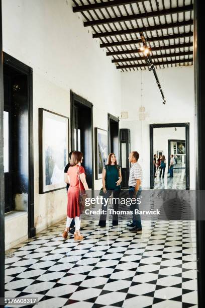 smiling couples in discussion while looking at artwork in art gallery - life 50 expo stock pictures, royalty-free photos & images