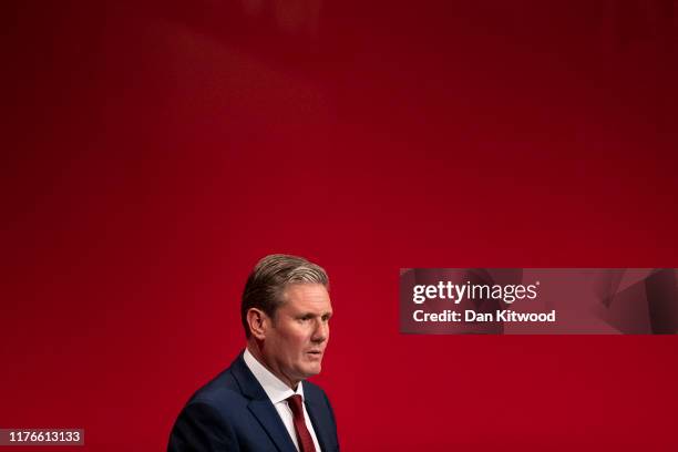 Keir Starmer, Shadow Secretary of State addresses delegates on the third day of the Labour Party conference on September 23, 2019 in Brighton,...