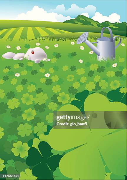 illustrazioni stock, clip art, cartoni animati e icone di tendenza di foglia di quattro quadrifogli in campo con annaffiatoio - four leaf clover