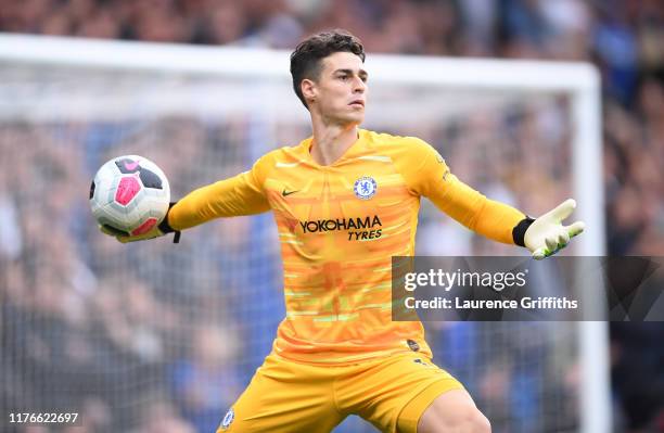 Kepa Arrizabalaga of Chelsea throws the ball during the Premier League match between Chelsea FC and Liverpool FC at Stamford Bridge on September 22,...