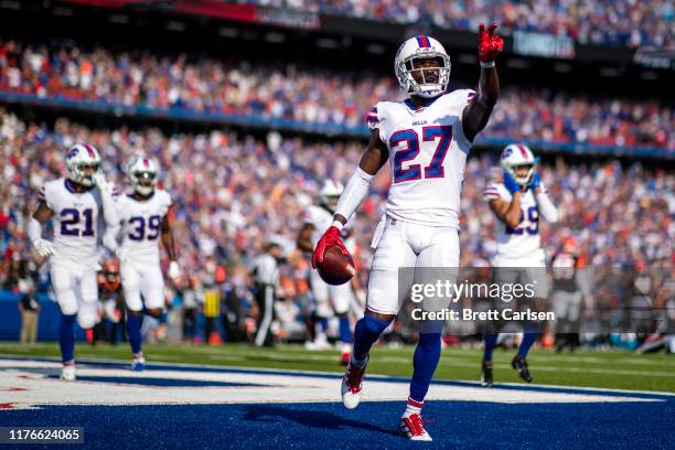 Tre'Davious White of the Buffalo Bills celebrates after making the game clinching interception in the final seconds of the fourth quarter against the...