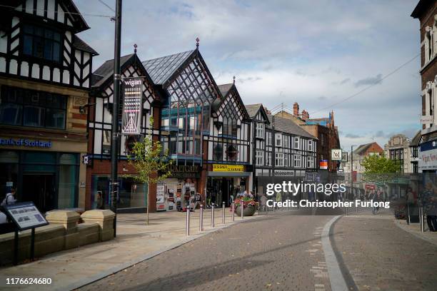 General view of Wigan town centre on September 23, 2019 in Wigan, England. Wigan has had a Labour MP for more than 100 years, but its residents also...