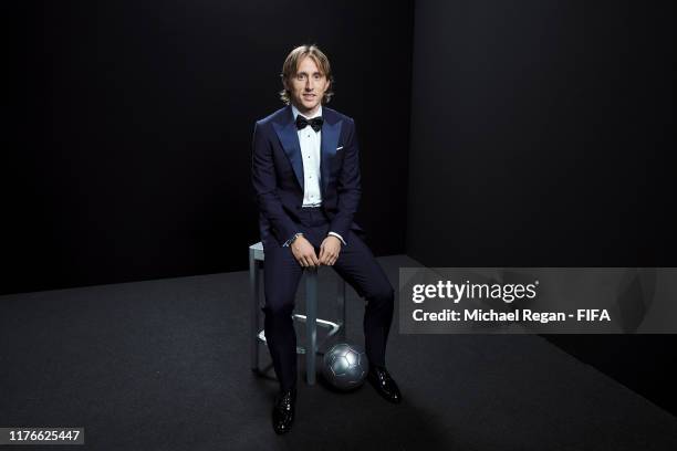 The FIFA FIFPro Men's World11 Award finalist Luka Modric of Real Madrid and Croatia poses for a portrait in the photo booth prior to The Best FIFA...