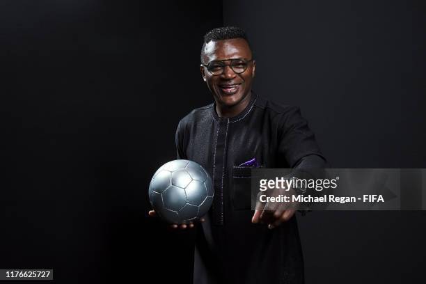 Legend Marcel Desailly of France poses for a portrait in the photo booth prior to The Best FIFA Football Awards 2019 at Excelsior Hotel Gallia on...