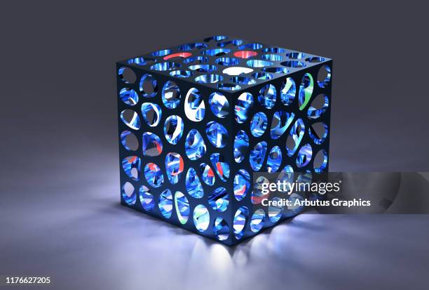 vornoi cube: abstract hollowed cubic form dark environment - sculpture canada foto e immagini stock