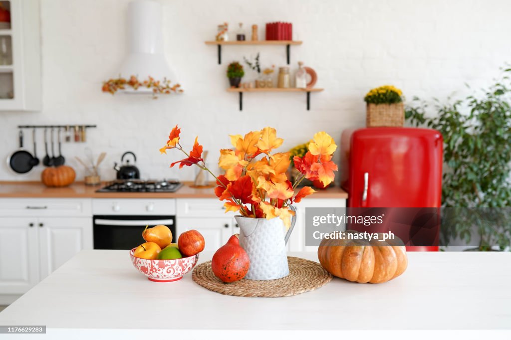 Autumn table with vegetables in kitchen. red and yellow leaves in the vase and pumpkin on white background.