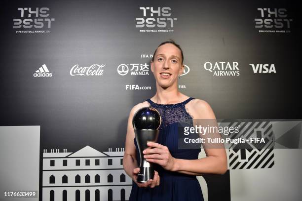 The Best FIFA Women’s Goalkeeper award Winner Sari van Veenendaal of Nethderlands poses with trophy duringThe Best FIFA Football Awards 2019 at...