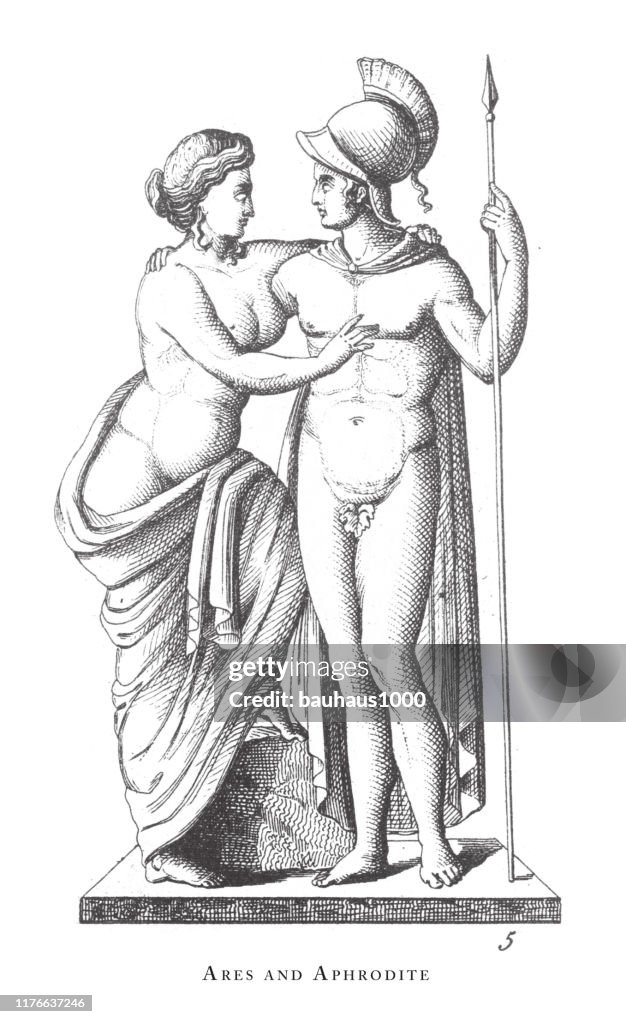 Ares and Aphrodite, , Classical Deities and Mythological Characters Engraving Antique Illustration, Published 1851