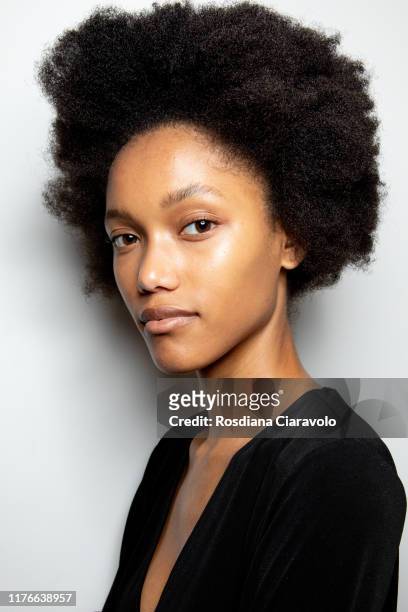 Model is seen backstage for Cristiano Burani fashion show during the Milan Fashion Week Spring/Summer 2020 on September 22, 2019 in Milan, Italy.