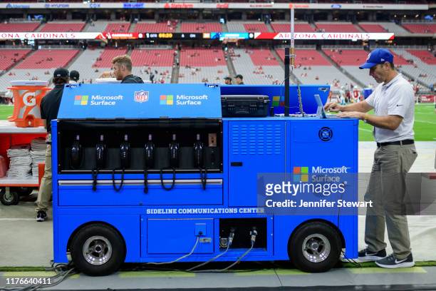 The Microsoft Surface sideline communication center as it sits on the field prior to the NFL game between the Carolina Panthers and Arizona Cardinals...
